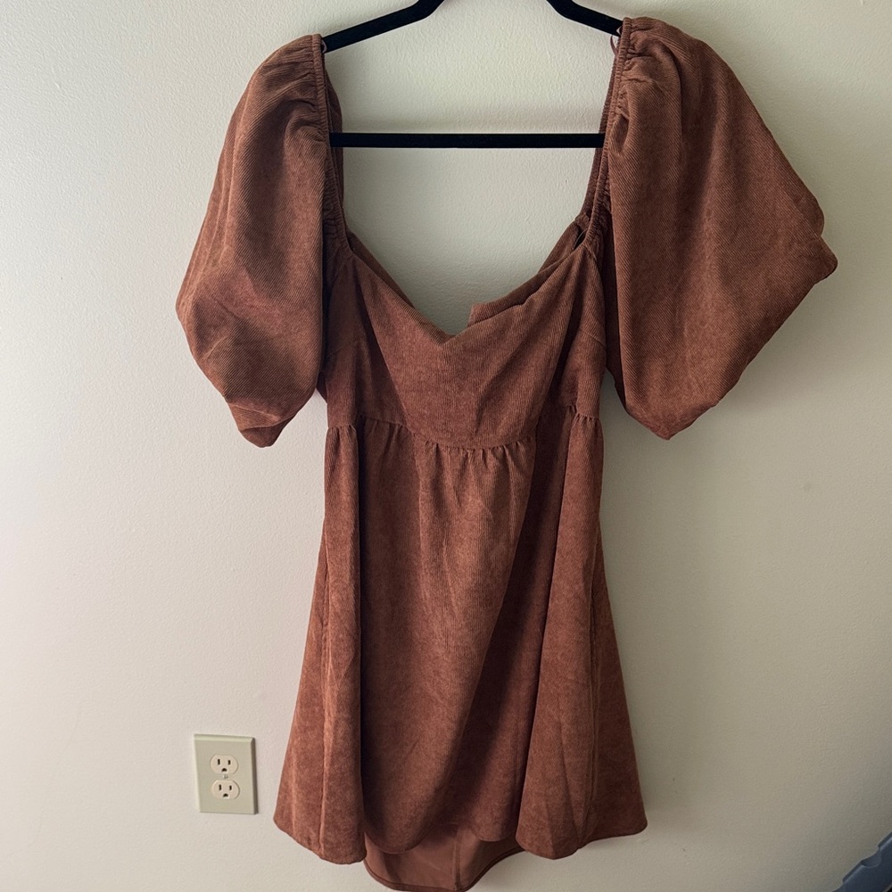 Brown Corduroy Puff Sleeve Dress